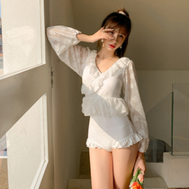 South Korean one-piece swimsuit female spa conservative net red long sleeve sunscreen for slim and small chest student retro swimming dress