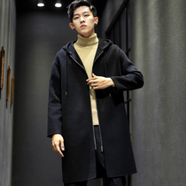 Woolen coat mens long double-faced spring and autumn mens wool coat without cashmere hooded woolen trench coat