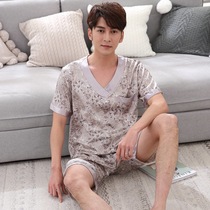 Mens pajamas silk summer Thin Ice Silk plus size middle-aged mens silk short sleeve shorts set home clothes