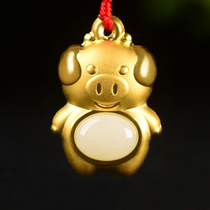 Gold inlaid jade Year of the Pig Year of Life Mens and womens Zodiac pendant Natural Hetian Jade White jade jewelry 3D hard gold inlaid