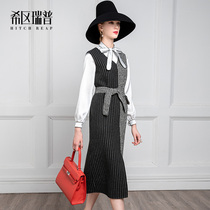 Hisan Rip high-end double-sided woolen dress temperament autumn and winter stripes Chandron stitching vest skirt female tide