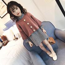 Girls childrens clothing set 2020 new spring dress Korean sweater spring and autumn plaid cotton dress for women and children