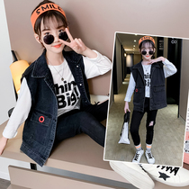 2022 new girl Cowboys Machia CUHK Neutral Kan Shoulder Boy Han Version Sleeveless Jacket Primary School Pupil Blouse