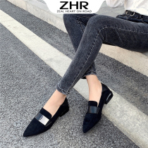 ZHR Chunky Heel Pointed Toe Shoes Womens New 2022 Spring Versatile Casual Loafers Black Work Shoes