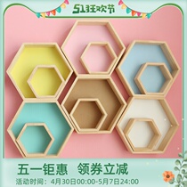 ins Nordic style hexagonal wall shelf shelf Honeycomb lattice shape background wall Hexagonal frame shelf