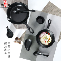 Wholesale Black Plastic Melamine Imitation Porcelain With Handle Fried Rice Dishes Home Creative Children Breakfast Suit Pan Dishes Spoon