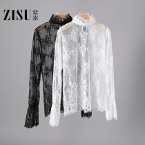 Lace base shirt womens long sleeve 2021 new spring and autumn lace neck coat fairy air inner set up mesh trumpet sleeve gauze
