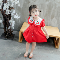 Girl Cherry Embroidery Navy Wind Dress 1-2-3-4-5-6-7 Year Old Female Baby College Wind Skirt Summer