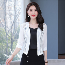 Summer collarless cardigan coat womens short mesh sunscreen clothing 2021 temperament with dress small suit outside