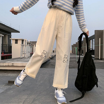 2021 new wide-leg pants womens spring and summer cute Japanese straight pants loose thin wild casual tooling trousers