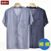 Middle-aged and elderly cotton short-sleeved cardigan dad summer cotton silk top cotton silk round neck shirt grandpa mens shirt