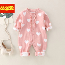 Baby sweater jumpsuit 0-6 months female baby spring and autumn 3 double layer thick handmade cardigan sweater sweater clothes