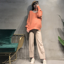 Pregnant women fashion suit Autumn Western style halter neck sweater Autumn and winter loose Korean version knitted halter pants Autumn two-piece set