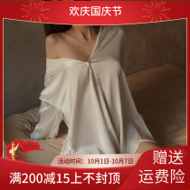 Japanese shirt pajamas womens summer thin long sleeve outside wear sexy silk nightgown long high home wear Ice Silk