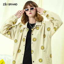 ZBJ Smiley face print jacket 2019 new autumn national tide coat for men and women couples loose jacket casual top