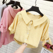 Hipster plaid shirt Women 2020 Summer new Korean version Joker fashion bow lace-up short sleeve shirt