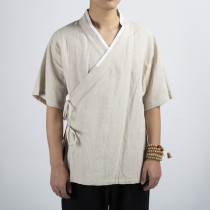 Summer Hanfu mens cross-collar costume side open lace-up meditation home inner shirt short sleeve shirt linen plain garden