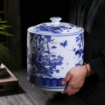 Ceramic tea jar blue and white porcelain large storage tea sealed jar white tea Puer tea bucket tea cake jar tea packaging household