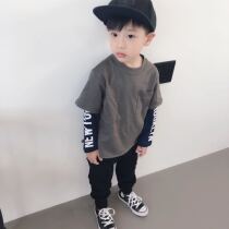 ENOCHBABY homemade 22 spring and autumn new boys and girls gray - green splicing long sleeves Japanese fake two T