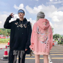 Mr Guochao Chinese wind crane embroidery couple outfit autumn and winter cashmere hooded sweater male loose hip-hop jacket