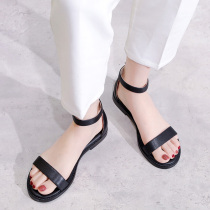 New leather sandals womens flat flat heel soft sole non-slip casual simple all-match open toe one-word belt Roman womens shoes