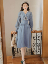 2021 Autumn Winter New knitted sweater dress French vintage waist long skirt bow girl skirt