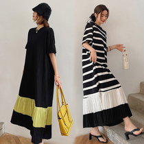 2021 summer new short-sleeved dress royal sister light cooked wind extended large size color pleated casual long dress