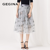 GEGINA Gigina womens new embroidered mesh medium long skirt womens elastic waist temperament gauze skirt