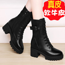  Winter Martin boots womens 2020 new thick-heeled high heels womens leather shoes plus velvet mid-barrel boots mid-heel cotton shoes leather