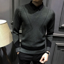 Fugui bird sweater male shirt collar Korean version of the new fake two-piece sweatshirt warm and undershirt business casual mens clothing