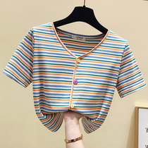 2021 new summer rainbow striped T-shirt slim velvet high waist short vneck coat womens short sleeve ins tide