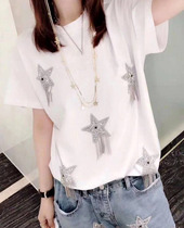 2020 new womens Ouamash flag short-sleeved Korean T-shirt cotton five-pointed star diamond-set tassel top