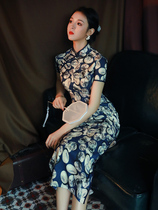 The Republics Old Shanghai Qipao 2021 New Summer Improved Version Retro China Wind Blue Print Walk Show Long