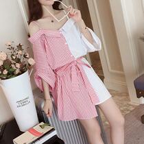 2021 Spring Summers new Korean version Sexy in the shape of a collar Coloured Striped Shirt Woman in a Striped Shirt Woman with a one-piece dress