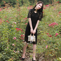 Black cheongsam 2021 new female summer simple French lace daily wear long modified dress