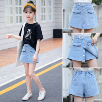 Girl Suit Foreign Air Trendy Summer Leisure CUHK Childrens Tennis Red Korean Ensemble Short Sleeve Jeans Summer Short Skirt Tshirt