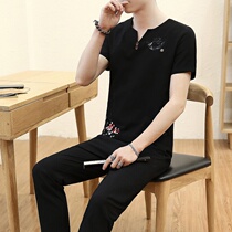 Summer Chinese style cotton linen men Korean fashion embroidery set of clothes summer short sleeve ankle-length pants two-piece set