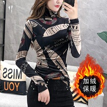 European station autumn and winter European goods small shirt color top temperament high collar long sleeve stretch t-shirt women plus velvet base shirt