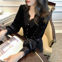 Western air gold velvet shirt womens autumn and winter heart machine design sense collarbone top with short T-shirt long sleeve base shirt