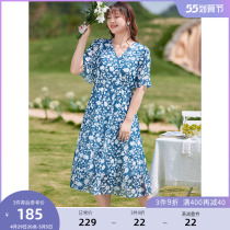 MSShe big code womens dress 2022 new summer dress fat sister Conspicthin V Collar Bubble short sleeve Broken Snowspun Dress