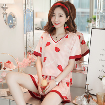 Korean Version Pyjamas Womens Summer Ice Silk Sweet and Lovely Two Suits True Silk Students Thin short sleeve Home Residence Suits