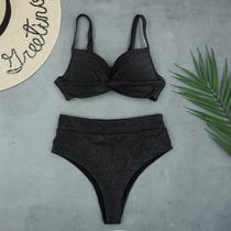 Black pearlescent steel support double shoulder straps elegant temperament party split high fork European and American style fashion bikini womens swimsuit