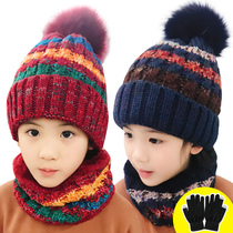 Autumn and winter childrens woolen hat bib gloves three-piece set boys and girls plus velvet warm thick scarf pullover hat parent-child