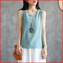 Loose Pure Color Lady Art T-Shirt Blouse With Sleeveless Summer Net Vest Cotton Hemp Harness Knitted version of simple retro