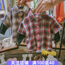 Boys long sleeve shirt 2020 Spring and Autumn new childrens plaid shirt children Foreign style splicing fake two-piece coat tide