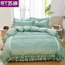 Korean velvet bed skirt Net red thickened Crystal velvet autumn and winter non-slip warm and dust cover bed cover four-piece set