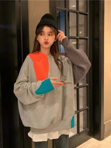 2021 Autumn Winter New Necropolis Woman Loose Korean version bf Lazy Wind Splicing Round Collar Thickened Jacket 100 Hitched Tide