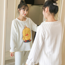 Autumn and winter coral velvet pajamas womens winter thickened warm flannel Korean version of sweet and cute cartoon home clothes set