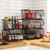 Black household basket vegetable rack Multi-layer stainless steel kitchen shelf Floor-standing kitchen supplies storage basket