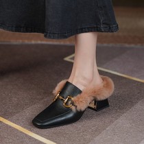 Mao shoes women wear in autumn and winter 2021 new leather plus velvet half slippers middle heel thick heel explosive Muller shoes